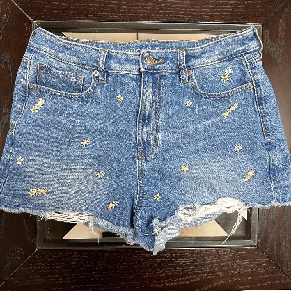 *AEO* Medium Wash Denim x Multicolor Flower Embroidered Shorts Size 10